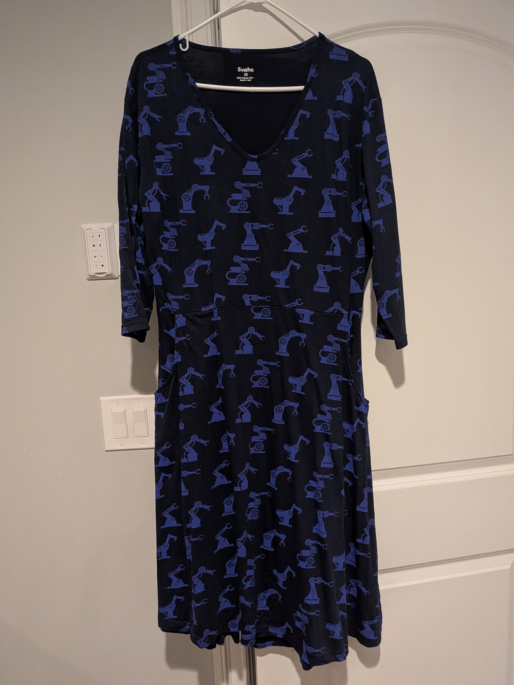 Svaha Navy and Royal Blue V-Neck Midi Dress with Robot Print